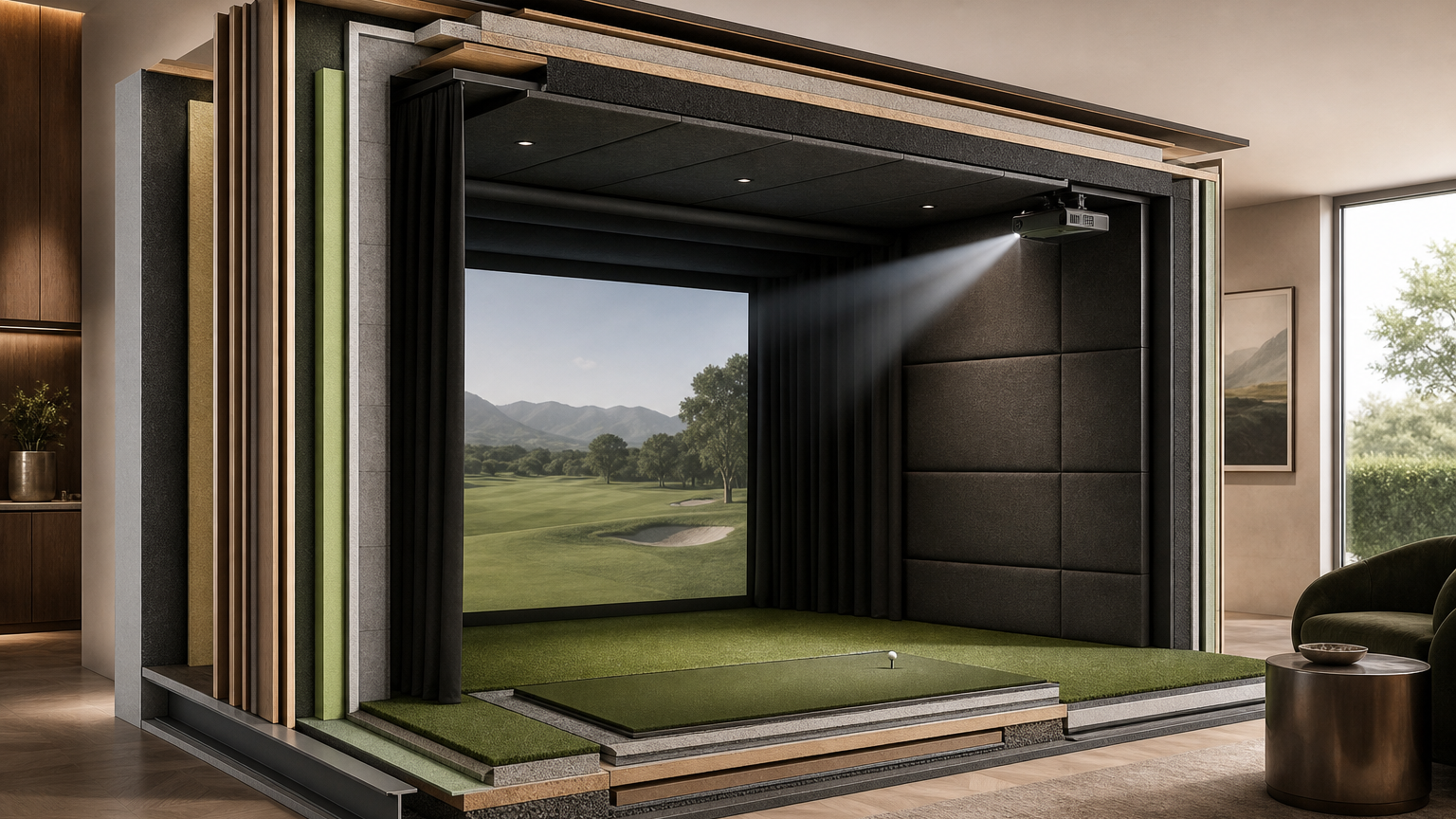 Simulator enclosure with screen, mat, projector, and side protection layers