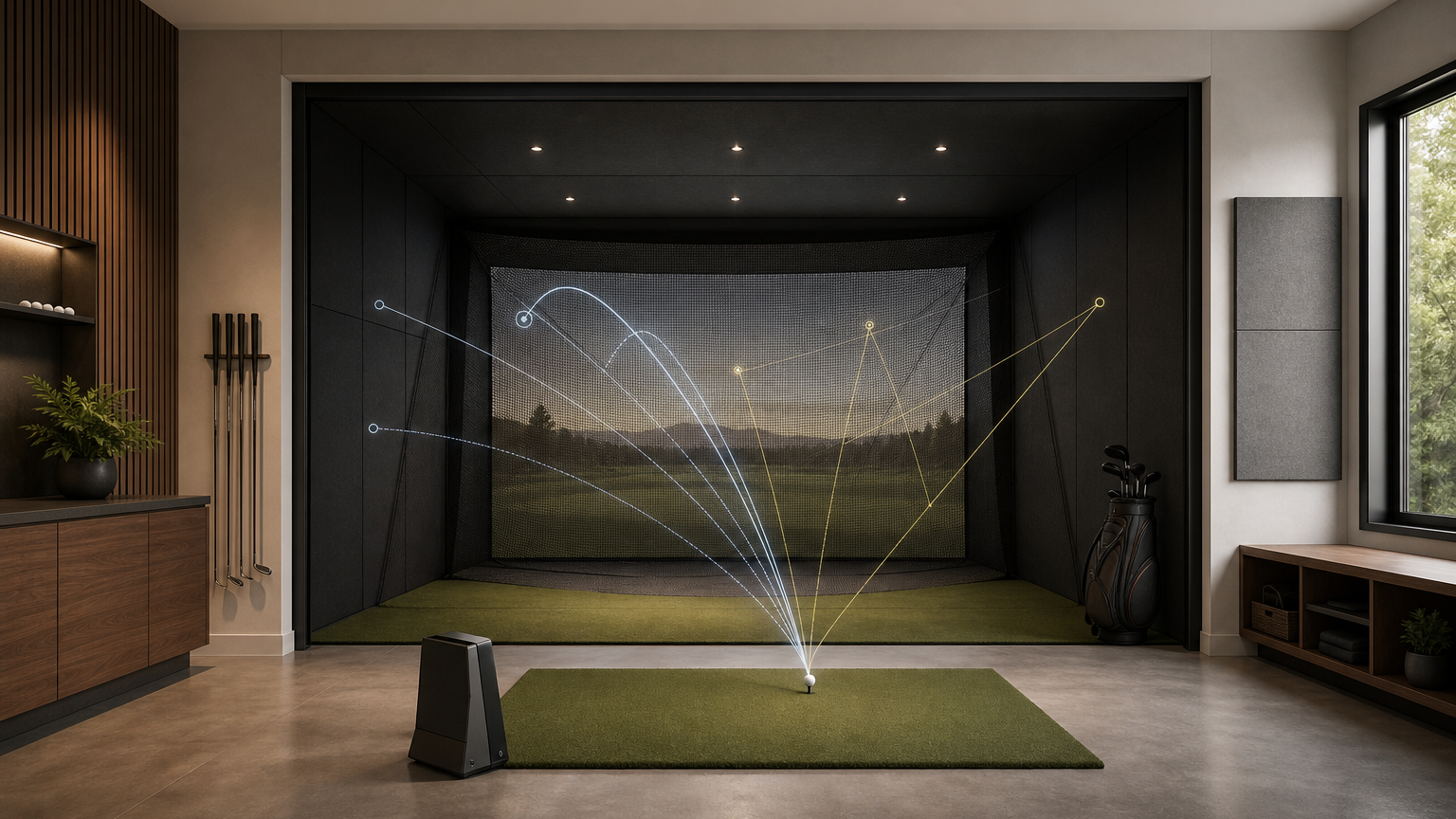 Indoor hitting bay with abstract launch monitor data arcs