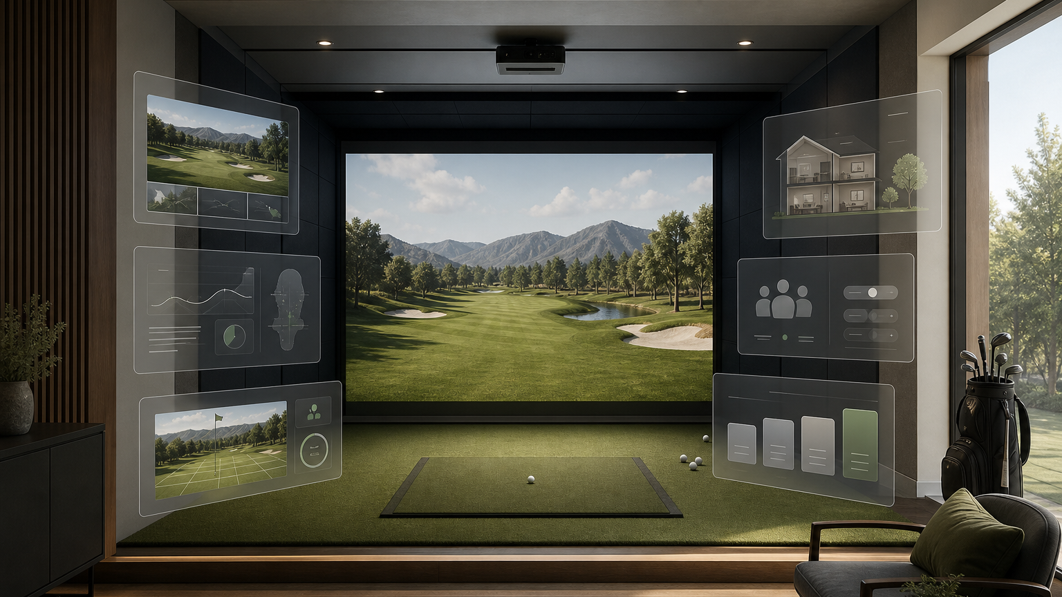 Simulator room with abstract software and subscription planning panels