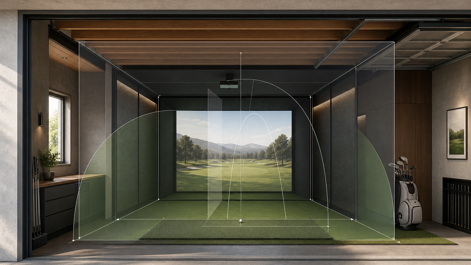 Architectural simulator room cutaway with clearance and safety zones