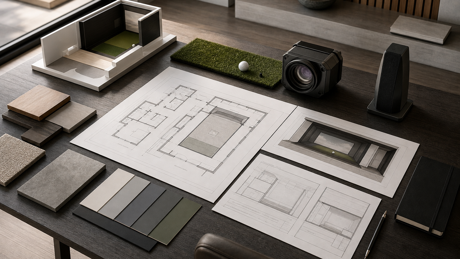 Premium simulator planning workbench with floor plans and material samples