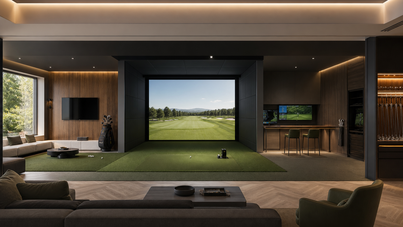 Premium simulator room divided into practice, family, coaching, and commercial modes